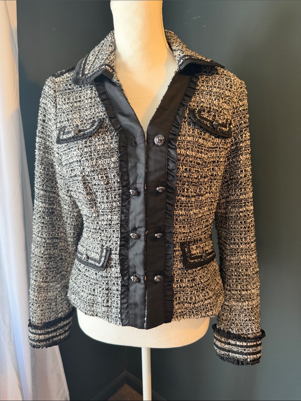 Women's Black & White Tweed Jacket with Satin Trim White House black market